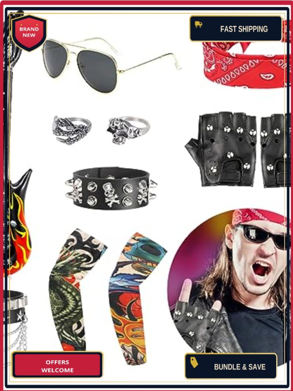 11pc Rockstar Costume Set Punk Gloves Inflatable Guitar Bandana 70s 80s 90s